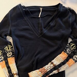 Black Free People V-Neck Thermal Sweater with Multicolor Knit Sleeve Details M